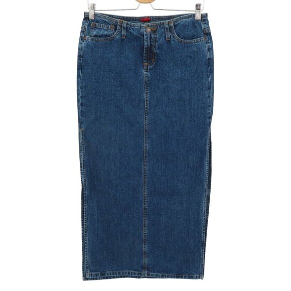 Mossimo Juniors 7 Blue Jean Denim Maxi Skirt Side Slits Pockets Y2K All Cotton - Picture 1 of 11